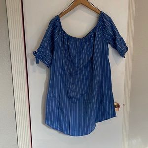 Blue and white striped off the shoulder mini dress 1X